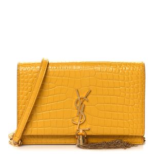 Saint Laurent Calfskin Crocodile Embossed Classic Monogram Kate Tassel Satchel Saffron
