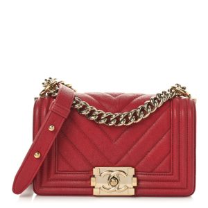 Chanel Caviar Chevron Quilted Small Boy Flap Red