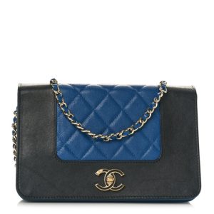 Chanel Sheepskin Quilted Vintage Mademoiselle Wallet On Chain WOC Blue Black