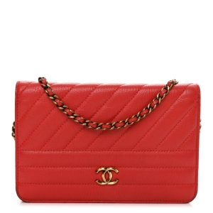 Chanel Goatskin Diagonal Quilted Wallet On Chain WOC Red