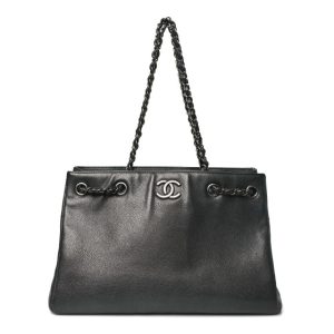 Chanel Metallic Grained Calfskin Medium Woven Chain Shopping Tote Black