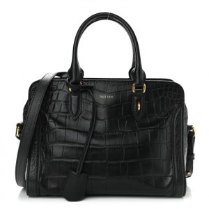 Alexander McQueen Calfskin Crocodile Embossed Small Skull Padlock Zip Around Tote Black