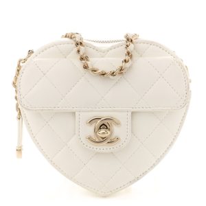 Chanel Lambskin Quilted CC In Love Heart Clutch With Chain White