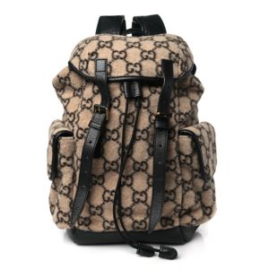 Gucci Covered Wool GG Monogram Small Double Buckle Backpack Beige Ebony Black