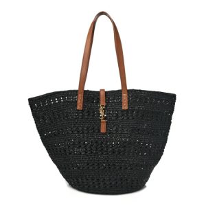 Saint Laurent Raffia Calfskin Medium Panier Tote Black