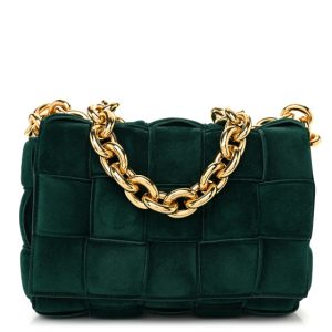 Bottega Veneta Suede Maxi Intrecciato Padded Chain Cassette Crossbody Bag Emerald Green
