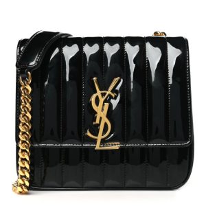 Saint Laurent Patent Calfskin Matelasse Monogram Medium Vicky Chain Bag Black