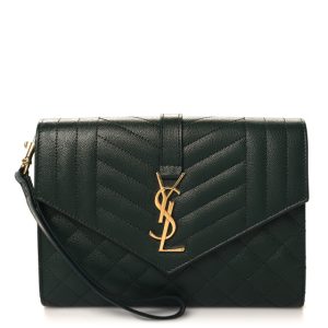 Saint Laurent Grain De Poudre Textured Mixed Matelasse Triquilt Monogram Clutch Vert Fonce