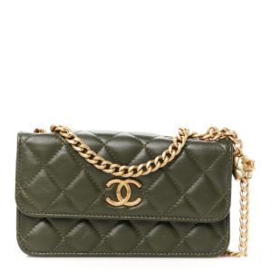 Chanel Lambskin Quilted Pillow Crush Flap Phone Holder With Chain Green