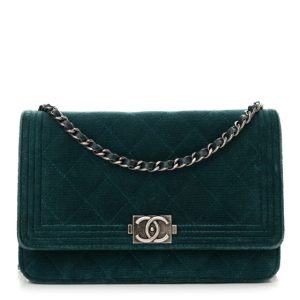 Chanel Velvet Quilted Boy Wallet On Chain WOC Teal