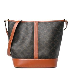 Celine Triomphe Canvas Calfskin Medium Bucket Bag Tan