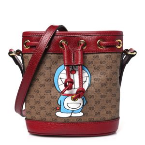Gucci X DORAEMON Mini Vintage GG Supreme Monogram Textured Dollar Calfskin Mini Bucket Bag Beige Ebony Multicolor New Cherry Red