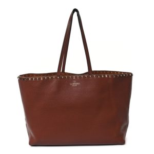 Valentino Garavani Grained Calfskin Rockstud Shoulder Tote Bright Cognac