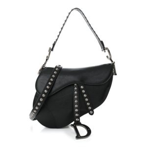 Christian Dior Crinkled Patent Lambskin Studded Saddle Bag With Strap Black