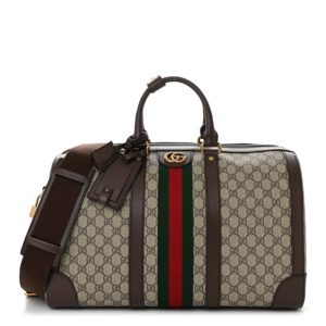 Gucci GG Supreme Monogram Textured Dollar Calfskin Web Medium Savoy Duffle Bag Beige Ebony New Acero