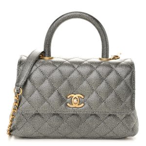 Chanel Metallic Caviar Quilted Mini Coco Handle Flap Silver