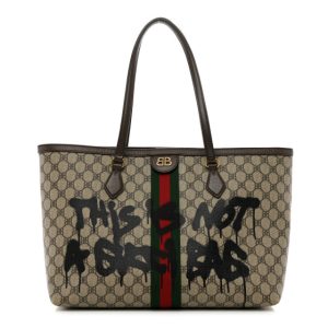 Gucci X BALENCIAGA BB Supreme Monogram Web Graffiti Medium Ophidia Shopping Tote Beige New Acero