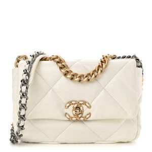 Chanel Shiny Crumpled Calfskin Quilted Medium Chanel 19 Flap White