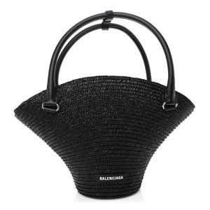 Balenciaga Raffia Woven Medium Basket Tote Black
