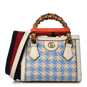 Gucci Raffia Textured Dollar Calfskin Web Houndstooth Mini Diana Tote Bag Light Blue Natural Deep Orange