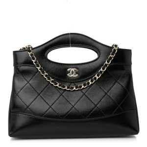 Chanel Shiny Crumpled Calfskin Quilted Nano 31 Shopping Bag Black