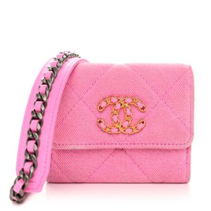 Chanel Denim Quilted Chanel 19 Flap Coin Purse With Chain Pink