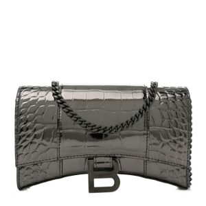 Balenciaga Shiny Metallic Calfskin Crocodile Embossed Hourglass Chain Bag Gunmetal