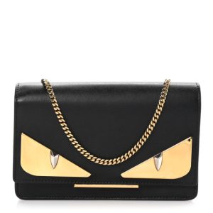 Fendi Vitello Liberty Lucido Metal Monster Eyes Tube Wallet on Chain Black