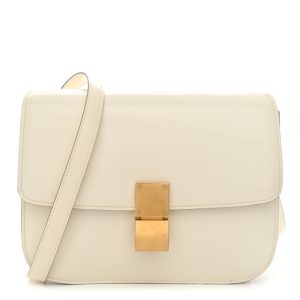 Celine Spazzolato Calfskin Medium Classic Box Flap Bag White