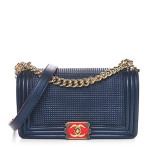 Chanel Lambskin Embossed Medium Boy Cube Flap Navy