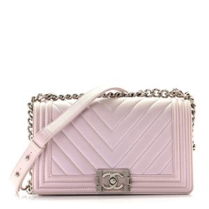Chanel Metallic Lambskin Chevron Quilted Medium Boy Flap Purple