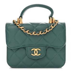 Chanel Lambskin Quilted Top Handle Flap Coin Purse With Chain Green