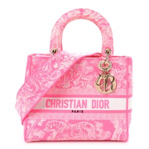 Christian Dior Canvas Toile De Jouy Reverse Embroidered Medium Lady D-Lite Fluorescent Pink