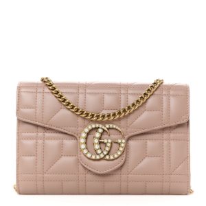 Gucci Calfskin Matelasse Mini Pearly GG Marmont Chain Wallet Porcelain Rose