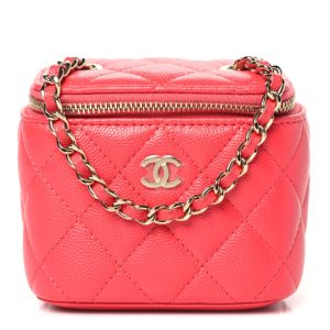 Chanel Caviar Quilted Mini Vanity Case With Chain Red