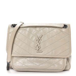 Saint Laurent Crinkled Calfskin Matelasse Monogram Medium Niki Chain Satchel Ivory