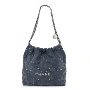 Chanel Washed Denim Quilted Studded Small Chanel 22 Blue