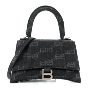 Balenciaga Washed Denim BB Monogram Small Hourglass Top Handle Bag Black