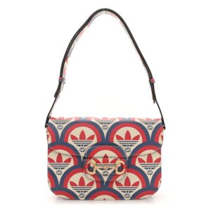 Gucci X ADIDAS Shangai Calfskin Web Trefoil Interlocking G Small Horsebit 1955 Shoulder Bag Red White Blue