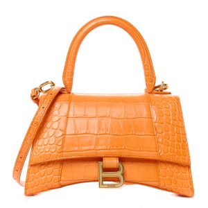 Balenciaga Shiny Calfskin Crocodile Embossed Small Hourglass Top Handle Bag Orange