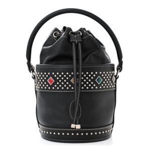 Saint Laurent Smooth Calfskin Studded Small Bahia Drawstring Bucket Bag Black Multicolor