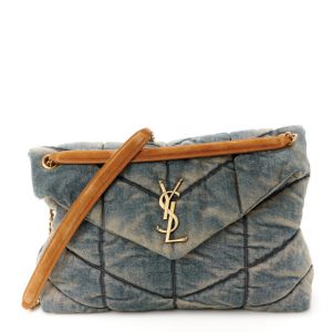 Saint Laurent Denim Quilted Medium Loulou Puffer Monogram Chain Satchel Blue Cinnamon