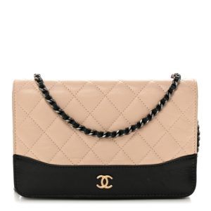 Chanel Aged Calfskin Quilted Gabrielle Wallet On Chain WOC Beige Black