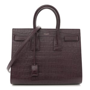 Saint Laurent Calfskin Crocodile Embossed Small Sac de Jour Wine