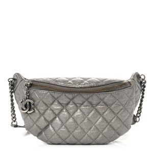 Chanel Metallic Calfskin Quilted Banane Waist Bag Fanny Pack Dark Silver
