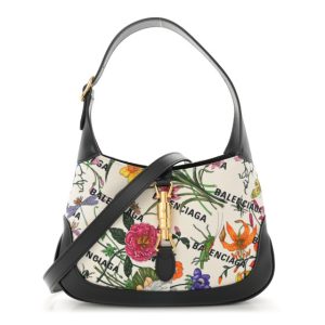 Gucci X BALENCIAGA Canvas Boarded Pluton Calfskin Flora Logo Print Small Jackie 1961 Hobo White Multicolor Black