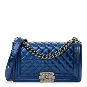 Chanel Metallic Patent Quilted Medium Boy Flap Blue