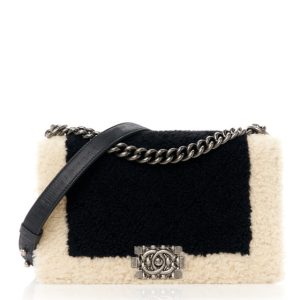 Chanel Shearling Iridescent Calfskin Medium Boy Flap Navy