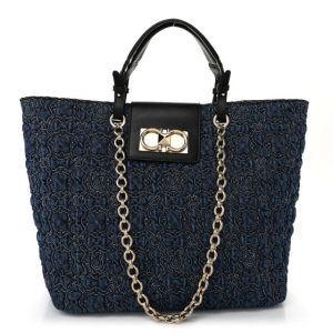 Salvatore Ferragamo Denim Quilted Gancini Tote Blue