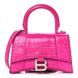 Balenciaga Shiny Calfskin Crocodile Embossed Hourglass Top Handle Bag XS Lipstick Pink